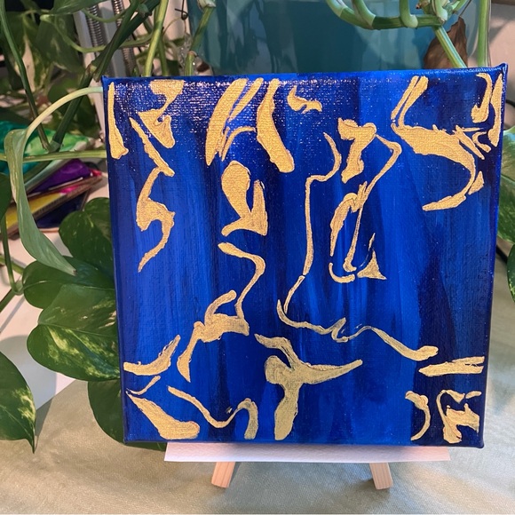 Abstract Acrylic Blue and Gold Scroll Pattern Mini Painting, 6x6" - Picture 8 of 10